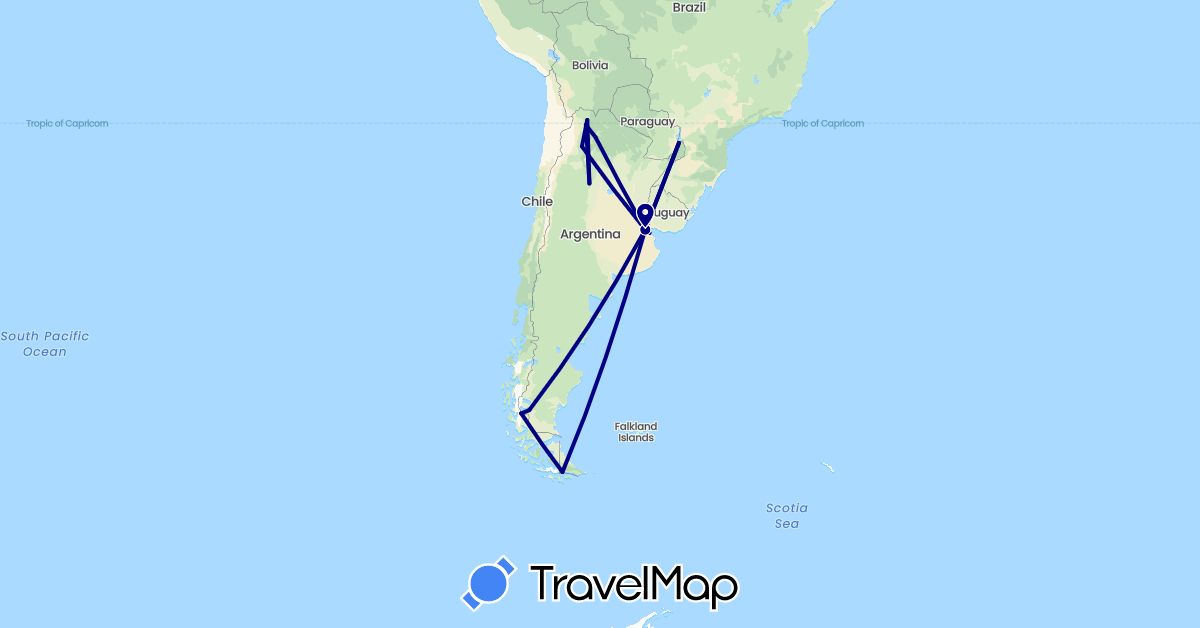 TravelMap itinerary: driving in Argentina, Brazil (South America)